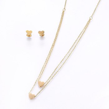 304 Stainless Steel Jewelry Sets, Stud Earrings and Pendant Tiered Necklaces, Heart, Golden, Necklace: 18.1 inch(46cm), 1.5mm, Stud Earrings: 7x8x1.2mm, Pin: 0.8mm