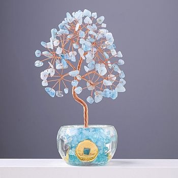 Natural Aquamarine Sculpture Display Decorations, for Home Office Desk, Tree, 57x140~170mm