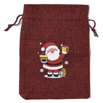 Christmas Theme Jute Cloth Storage Bags, Rectangle Drawstring Bags, FireBrick, Santa Claus, 18x13x0.4cm