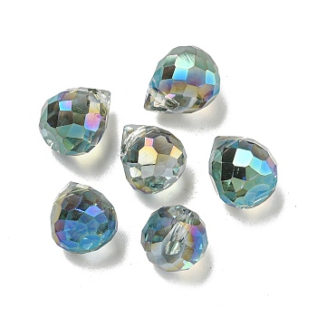 Electroplate Glass Beads, Faceted, Full Rainbow Plated, Teardrop, Light Sea Green, 9.5x8mm, Hole: 1.2mm