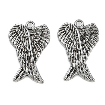 Tibetan Style Alloy Pendants, Wings with Feather Charms, Antique Silver, 36x24x3.5mm, Hole: 2.5mm