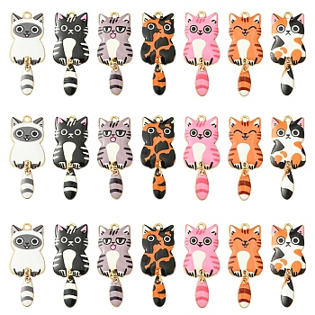 14Pcs 7 Colors Alloy Enamel Pendants, Golden, Cat Charm, Mixed Color, 39x15.5x2mm, Hole: 2mm, 2pcs/color