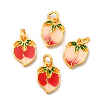 Alloy Enamel Pendants, with Jump Ring, Lead Free & Cadmium Free, Peach Charm, Matte Gold Color, 14x10x1.6mm, Hole: 3mm, Jump Ring: 5.5x1mm