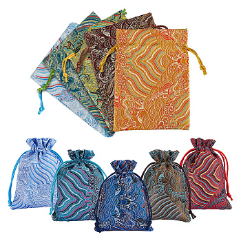 10Pcs 10 Styles Silk & Brocade Pouches, Drawstring Bag, Rectangle with Wave Pattern, Mixed Color, 13.7~14.2x10x0.1~0.4cm, 1pc/style