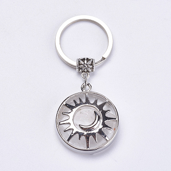 Natural Quartz Crystal Keychain, with Brass Finding, Flat Round with Sun & Moon, 64mm