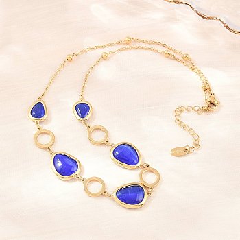 304 Stainless Steel Blue Glass Teardrop Ring Link Chian Necklaces for Women, Ion Plating(IP), Golden, 16.14 inch(41cm)