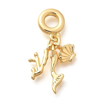 Brass Coral Shape & Shell Shape & Mermaid Tail European Dangle Charms, Large Hole Pendants, Real 18K Gold Plated, 29.5mm, Hole: 5mm