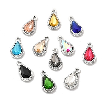 UV Plating Alloy Glass Pendants, Platinum, Faceted Teardrop, Mixed Color, 20.5x12x5mm, Hole: 2mm