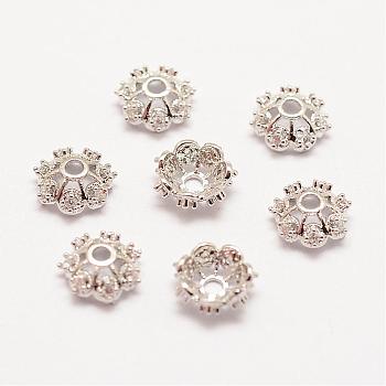 Long-Lasting Plated Brass Micro Pave Grade AAA Cubic Zirconia Fancy Bead Caps, Flower, Multi-Petal, Cadmium Free & Nickel Free & Lead Free, Real Platinum Plated, 8x3mm, Hole: 2mm