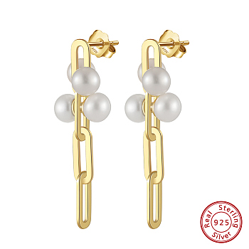 925 Sterling Silver Oval Dangle Stud Earrings, with Natural Pearl, with S925 Stamp, Real 14K Gold Plated, 39x10.5mm