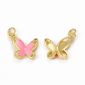 Brass Micro Pave Cubic Zirconia Pendants, with Jump Ring, Enamel Style, Butterfly Charm, Golden, Pearl Pink, 19.5x16.5x3mm, Hole: 3mm