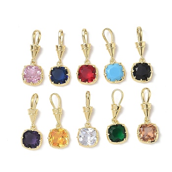 Brass Pave Cubic Zirconia Pendants, Single Stone Charms, Square Charms, Long-Lasting Plated, Rack Plating, Lead Free & Cadmium Free, Real 18K Gold Plated, Mixed Color, 31mm, Hole: 8x5mm