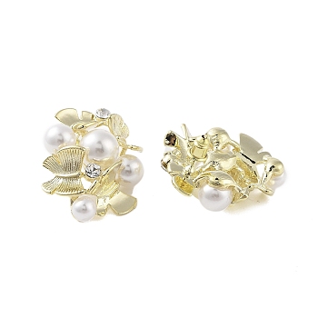 Brass with Resin Imitation Pearl Stud Earrings, with Micro Pave Cubic Zirconia, Flower, Golden, 31x25mm