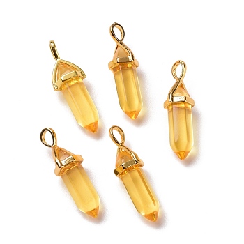Bullet Glass Pointed Pendants, with Golden Tone Brass Findings, Lead free and Cadmium Free, Gold, 28~29.5x9~9.5x8mm, Hole: 4.5x3mm