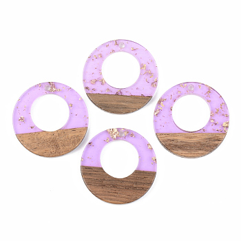 Transparent Resin & Walnut Wood Pendants, with Gold Foil, Flat Round, Lilac, 28x3mm, Hole: 2mm