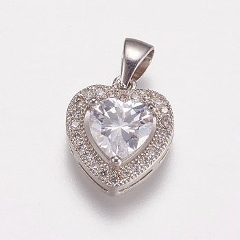 Brass Micro Pave Cubic Zirconia Charms, Heart, Clear, Platinum, 14x12x5mm, Hole: 3x5mm