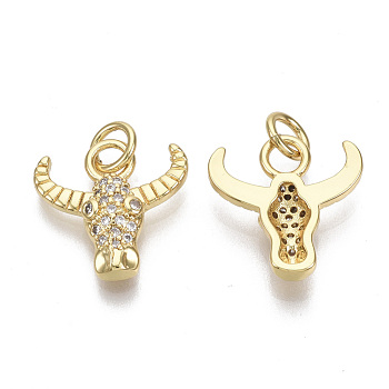 Brass Micro Pave Cubic Zirconia Charms, with Jump Rings, Nickel Free, Ox-Head, Clear, Real 16K Gold Plated, 14x13.5x3mm, Hole: 3mm