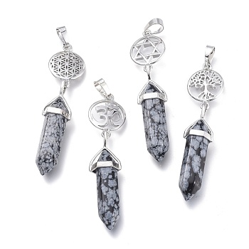 Natural Snowflake Obsidian Pointed Big Pendants, Double Terminated Pointed, with Platinum Plated Brass Findings, Faceted, Bullet, 59~67x14~15mm, Hole: 7x5mm, Gemstone: 41~44x8mm