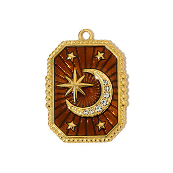 304 Stainless Steel Enamel Pendants, Rectangle with Moon Charms, with Rhinestone, Ion Plating(IP), Real 18K Gold Plated, Red, 29x20mm