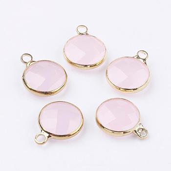Golden Tone Brass Glass Flat Round Charms, Faceted, Misty Rose, 14x10.5x5mm, Hole: 1.5mm