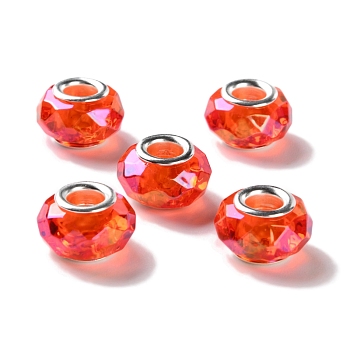 Shell Transparent Brass Cores Acrylic European Beads, Rondelle, Large Hole Bead, Faceted, Silver, Orange Red, 15x9mm, Hole: 5mm