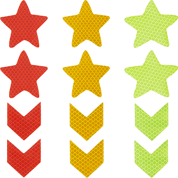 30Pcs 6 Styles Star & Arrow Waterproof PET Warning Stickers, Reflective Warning Decals for Car Decorations, Mixed Color, 45~60.5x40~60x0.5mm, 5pcs/style