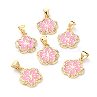 Real 18K Gold Plated Hot Pink Flower Brass+Cubic Zirconia Pendants