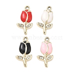 Alloy Enamel Pendants, Flower Charms, UV Plating, with Rhinestone, Golden, 24x12.5x2.5mm, Hole: 1.8mm(ALRI-D303-13G)