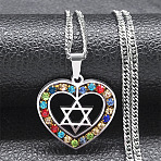 201 Stainless Steel Colorful Rhinestone Heart with Star of David Pendant Necklaces, Stainless Steel Color, 15.75 inch(40cm)(FS-WGF6E8D-01)