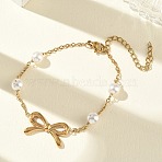 304 Stainless Steel Bowknnot Link Bracelets, with Acrylic Imitation Pearl, PVD Vacuum Plating, White, Golden, 6.30 inch(16cm)(SA-CBA5F76-07G)