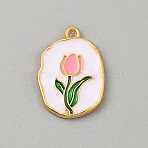Alloy Enamel Pendants, Oval with Flower, Golden, White, 22x16x2mm, Hole: 1.5mm(FIND-WH20032-61F)