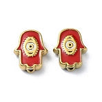 Ion Plating(IP) 304 Stainless Steel Enamel Beads, Real 18K Gold Plated, Hamsa Hand with Eye, FireBrick, 9x12x3.5mm, Hole: 1.2mm(STAS-Q318-10A)