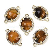 Natural Tiger Eye Faceted Oval Links, Rack Plating Brass Micro Pave Clear Cubic Zirconia Connector Charms, Golden, 17.5x11x4.5mm, Hole: 1.5mm(G-B126-05G-05)