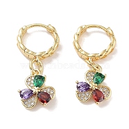 Real 18K Gold Plated Brass Dangle Hoop Earrings, with Cubic Zirconia and Glass, Clover, 26x10.5mm(EJEW-L269-031G-01)