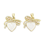 Brass Micro Pave Clear Cubic Zirconia Pendants, with Synthetic Opal and ABS Plastic Pearl, Real 18K Gold Plated, Heart Charms, Bowknot, 19.5x21x3mm, Hole: 5x3mm(KK-L213-017G-02)