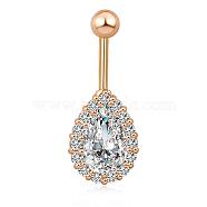 Piercing Jewelry Real 18K Gold Plated Brass Teardrop Cubic Zirconia Navel Ring Navel Ring Belly Rings, with 304 Stainless Steel Bar, Clear, 31x12.5mm, Bar Length: 3/8"(10mm), Bar: 14 Gauge(1.6mm)(AJEW-EE0001-20A)