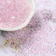 AB Color Plated Glass Seed Beads, Transparent Colours Rainbow, Peanut, Pink, 4~4.5x2~2.5x2~2.5mm, Hole: 0.8~0.9mm, about 10000pcs/pound(SEED-L011-06B-04)