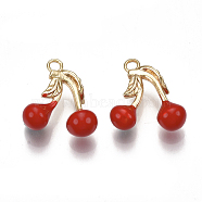 Brass Charms, with Enamel, Cherry, Red, Nickel Free, Real 18K Gold Plated, 14x13x5mm, Hole: 1.6mm(KK-S350-171G)
