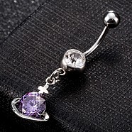 Piercing Jewelry, Eco-Friendly Brass Cubic Zirconia Navel Ring, Belly Rings, with 304 Stainless Steel Bar, Planet, Platinum, Purple, 39x12mm, Bar: 15 Gauge(1.5mm), Bar Length: 3/8"(10mm)(AJEW-EE0003-02F)