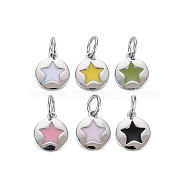 Brass Enamel Charms, Nickel Free, Flat Round with Star, Real Platinum Plated, 10x8x1mm, Hole: 3mm(KK-S356-671P-NF)
