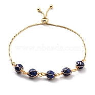 Natural Lapis Lazuli Wrapped Bracelets, Golden Brass Slider Bracelet for Women, Lead Free & Cadmium Free, 10-5/8 inch(27cm)(BJEW-A122-10A)