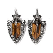 Natural Tiger Eye Faceted Big Pendants, Dragon Claw with Arrow Charms, with Antique Silver Plated Alloy Findings, 55x27.5x10.5mm, Hole: 6mm(G-L524-03AS-04)