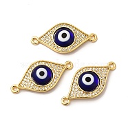 Rack Plating Real 18K Gold Plated Brass Micro Pave Clear Cubic Zirconia Connector Charms, Evil Eye Links with Handmade Lampwork, Cadmium Free & Lead Free, Long-Lasting, Blue, 13x27x4mm, Hole: 1.5mm(ZIRC-L102-02G-04)