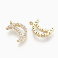 Brass Micro Pave Cubic Zirconia Charms, Moon, Nickel Free, Real 18K Gold Plated, 12x8x1.5mm, Hole: 1mm(ZIRC-Q014-054G)