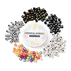DIY Bracelet Jewelry Making Kits, Including Cube with Random Initial Letter Plated Acrylic Beads, Elastic Crystal Thread, Mixed Color, 6x6x6mm, Hole: 3.5mm(DIY-YW0001-82B)