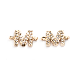 Brass Micro Pave Cubic Zirconia Letter Links, for Personalized Name Necklace Making Connectors, Long-Lasting Plated, Letter, Clear, Real 18K Gold Plated, Letter.M, 7x13x2.8mm, Hole: 1.2mm(ZIRC-I042-16G-M)