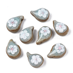 Handmade Porcelain Pendants, Famille Rose Style, Teardrop with Flower, Sky Blue, 18~21x12.5~14x9~12mm, Hole: 1.2~2mm(PORC-N004-142A)