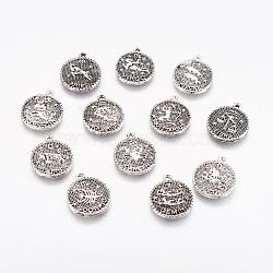 Tibetan Style Alloy Pendants, Flat Round with Constellation/Zodiac Sign, Antique Silver, Mixed, 19x16x2mm, Hole: 1.5mm(PALLOY-L200-M)