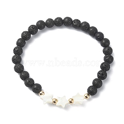 Natural Lava Rock Round Beaded Bracelets, with Shell, for Women, Star, 1/8~3/8 inch(0.4~0.85cm), Inner Diameter: 2 inch(5cm)(BJEW-JB09877-01)