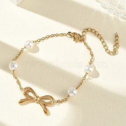 304 Stainless Steel Bowknnot Link Bracelets, with Acrylic Imitation Pearl, PVD Vacuum Plating, White, Golden, 6.30 inch(16cm)(SA-CBA5F76-07G)